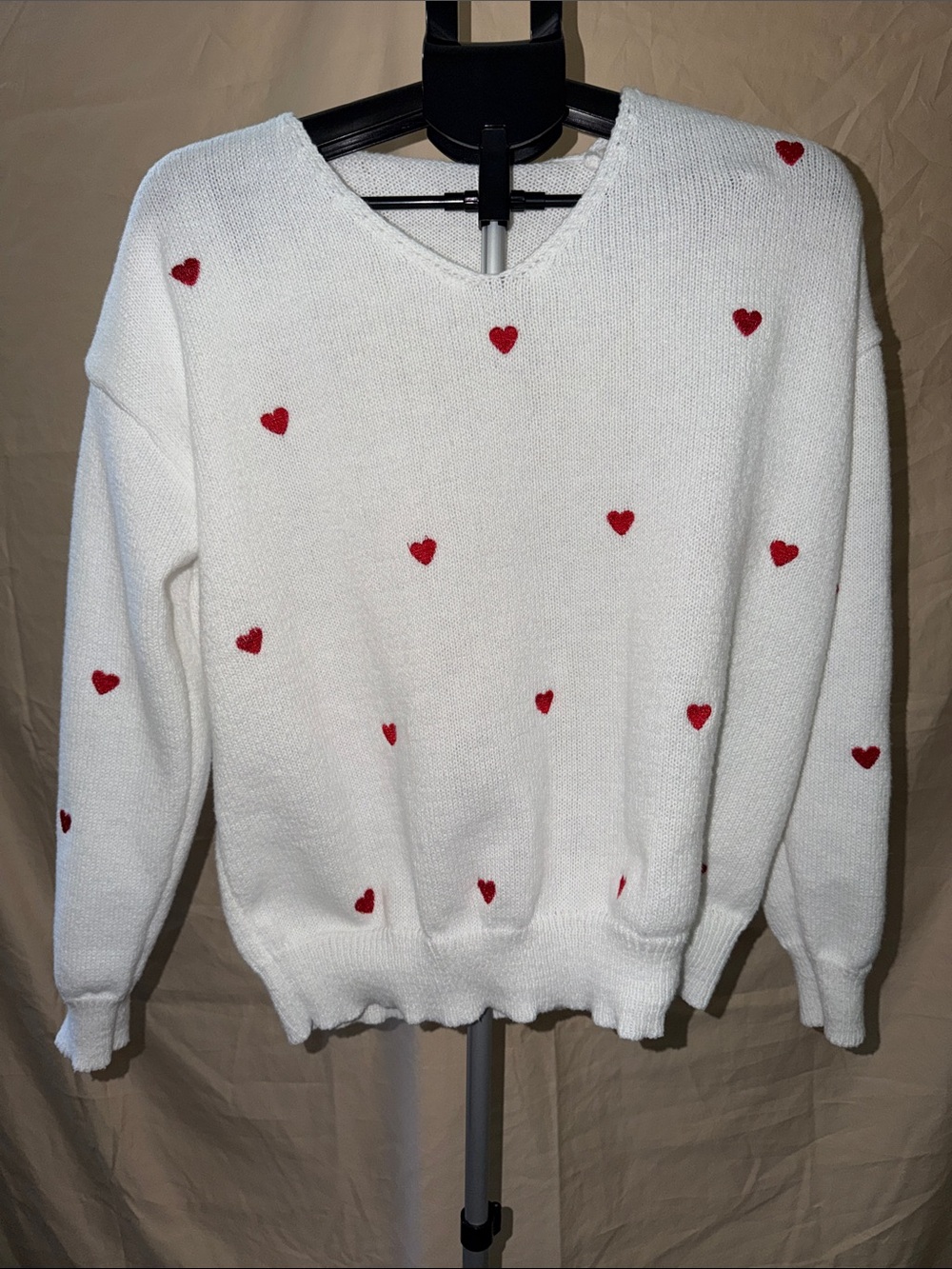 White V-Neck Sweater with Red Heart Motif